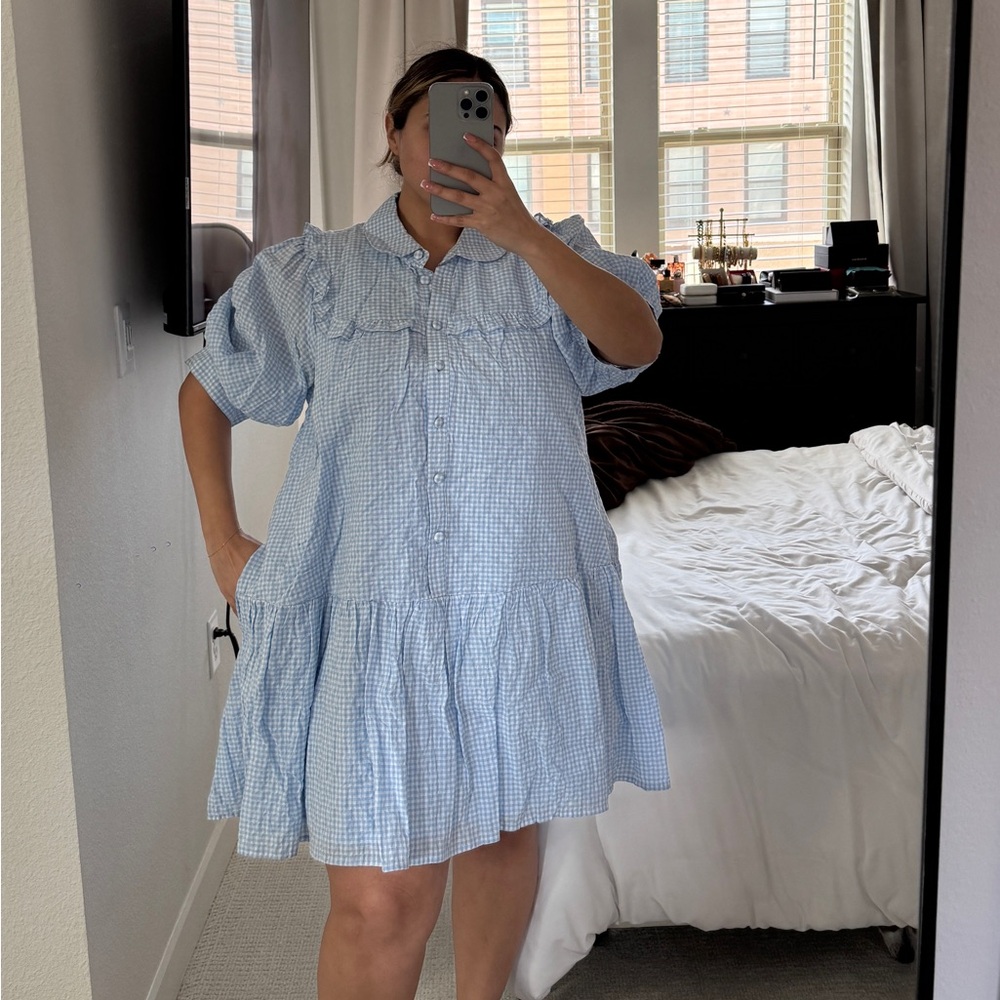 Sandy Liang Light Blue Checkered Mini Dress